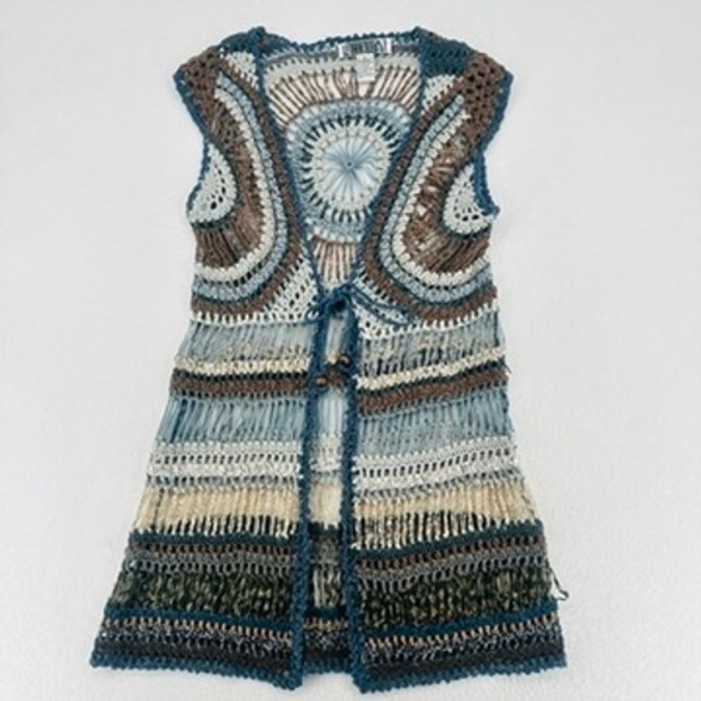 Curio Crochet Fringe Boho Open Front Vest Size S
